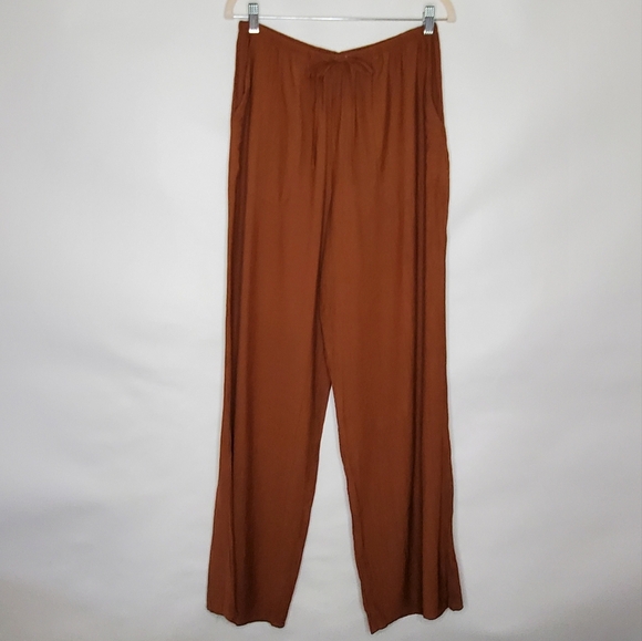 Zara Wide Leg Hi-Rise Pants Size L Gauzy Elastic Waist Pull-on with Pockets Long - Picture 2 of 14